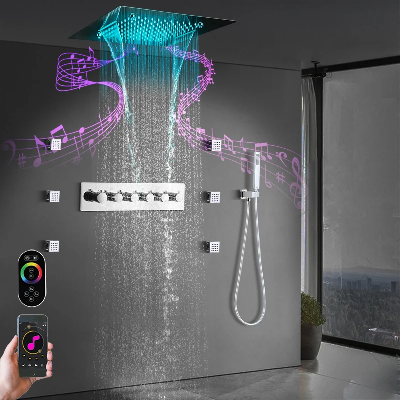 

Ceiling 20 Inch LED Music Shower Head Rainfall Waterfall Mist Thermostatic Main Body Bathroom Shower Faucet Set