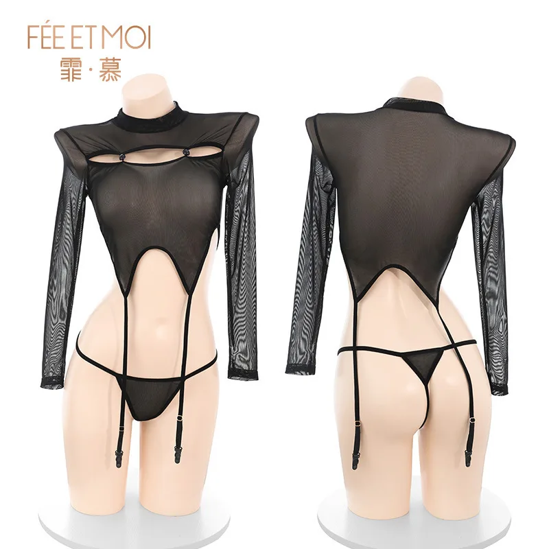 Lingerie sexy en maille pour femmes, olympiques de batterie Teddy, jarretières, vêtements de nuit, bas à licou en dentelle, combinaison 7.0, tentation, uniforme de boîte de nuit