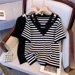 2023 Summer Korean Clothes Fake Two Pieces Cotton T-Shirt Chic Sexy O-Neck Hollow Out Stripe Women Tops Short Sleeve Tees