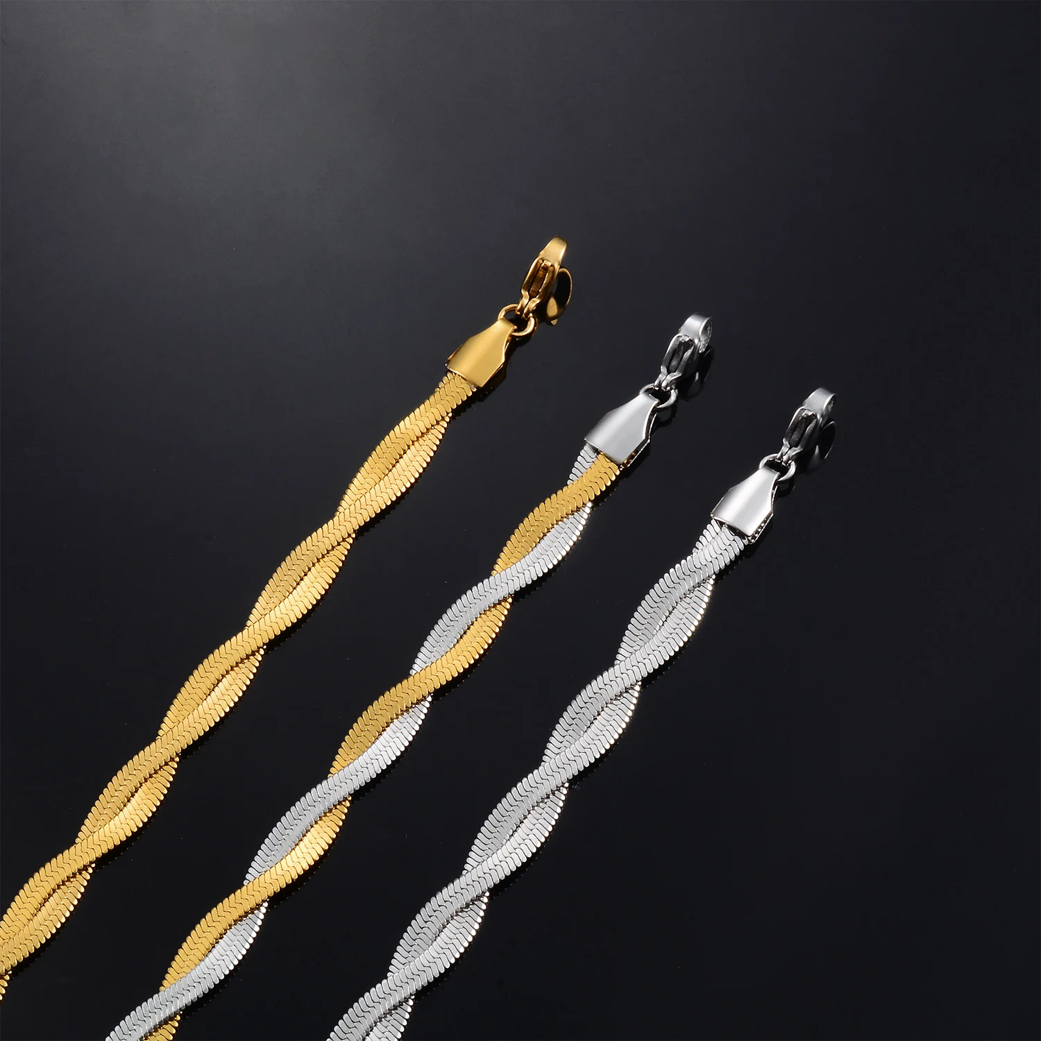 2mm 2,5mm 3mm Doppel-Halskette Choker Unisex Flache Schlangenkette Edelstahl Fischgrät-Kette Goldfarben Modeschmuck – Detail 2