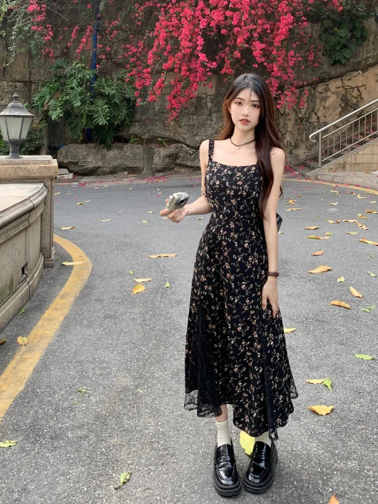 Deeptown Y2k Vintage Black Mesh Dress Women Korean Reviews Many Dresses Fairy Floral Summer One Piece Midi Slip Chiffon Vestidos