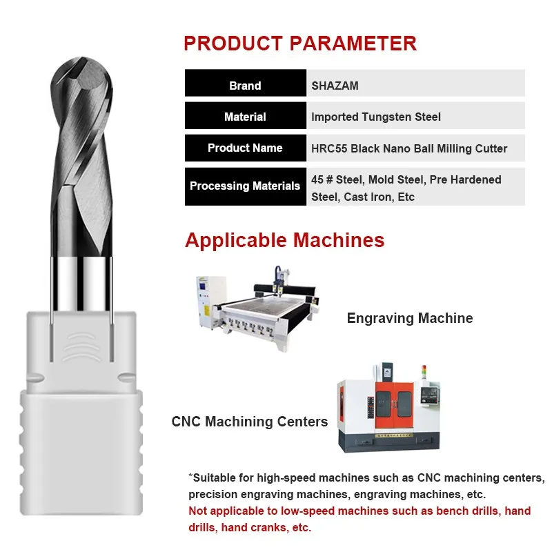 SHAZAM HRC55 2-Flute Ball End Mill Tungsten Steel Carbide Black Nano Coating Milling Cutter CNC Mechanical Machining Endmills