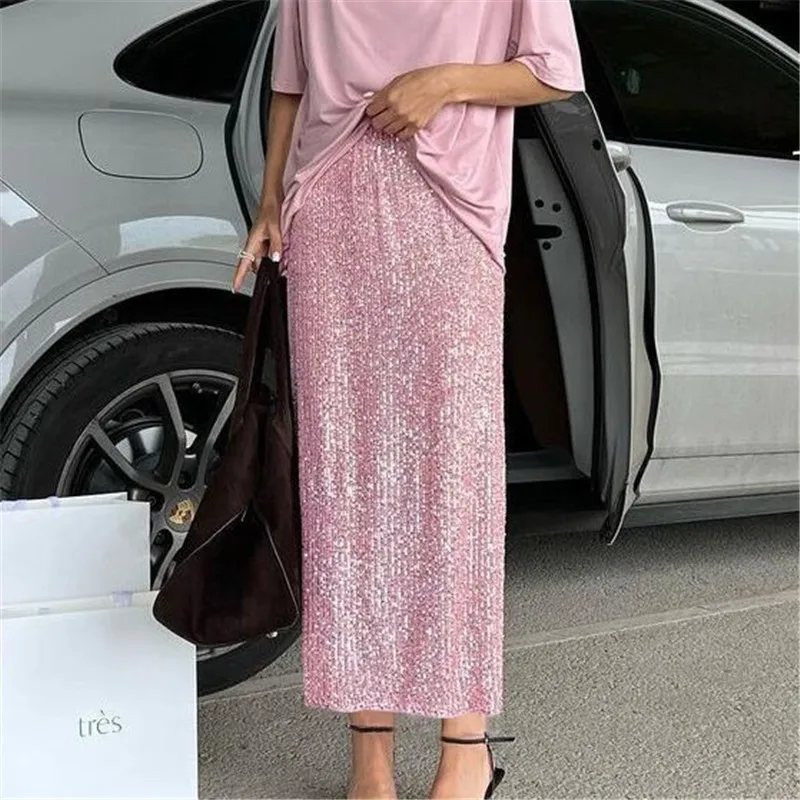 

Elegant Sequins Long Skirt For Women High Waist Solid Color Casual Skirts Fashion Streetwear Party Clubwear Glitter Bottoms