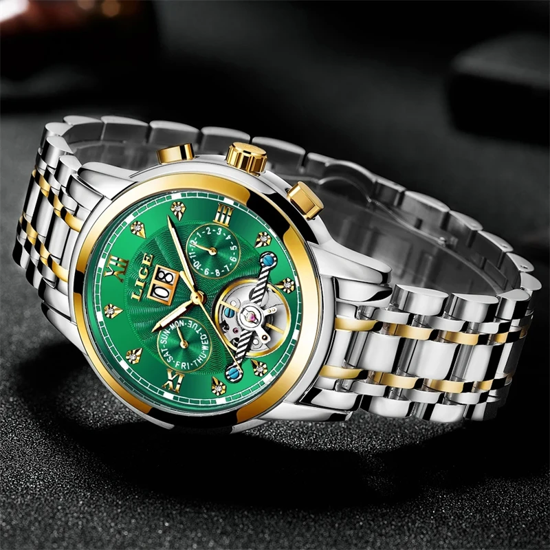 LIGE Green Fashion Mechanica Mens Watches Top Brand Luxury Tourbillon Waterproof Sport Automatic Mechanica Watches For Men+Box