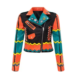 Veste courte en cuir pour femme, style punk, coupe couvertes, fermeture éclair, streetwear court, vestes de moto imprimées cloutées, tendance printemps 2024