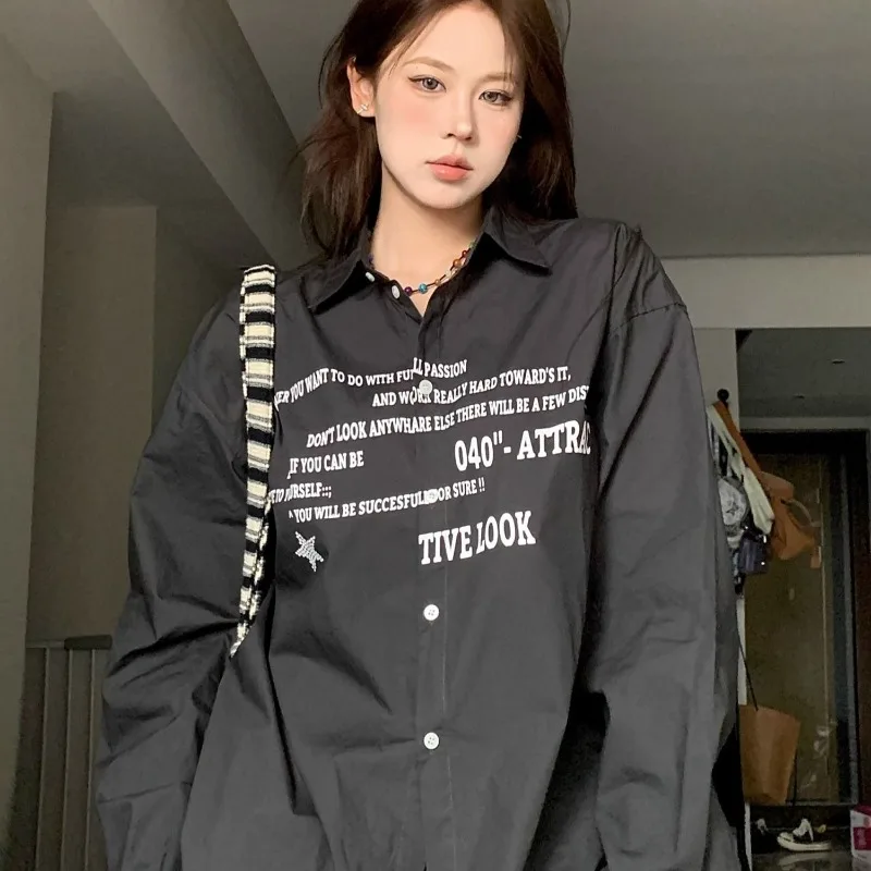 Qweek Koreaanse Stijl Oversized Shirt Jeugd Brief Print Lange Mouw Harajuku Dames Blouses Streetwear Vrijetijdskleding Herfst