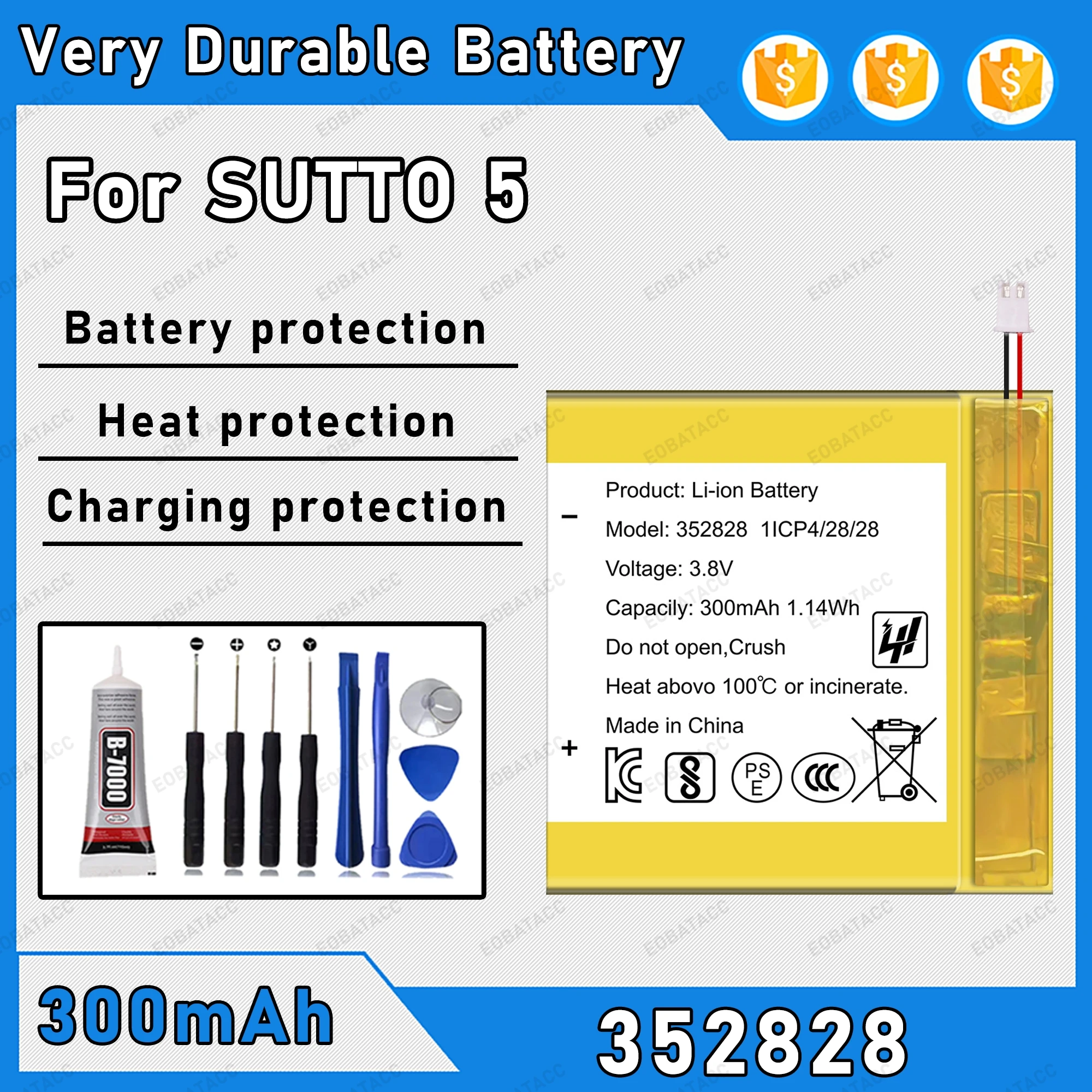

300mAh 100% New 352828 Battery For SUTTO 5 Replacement Bateria+Free Tools
