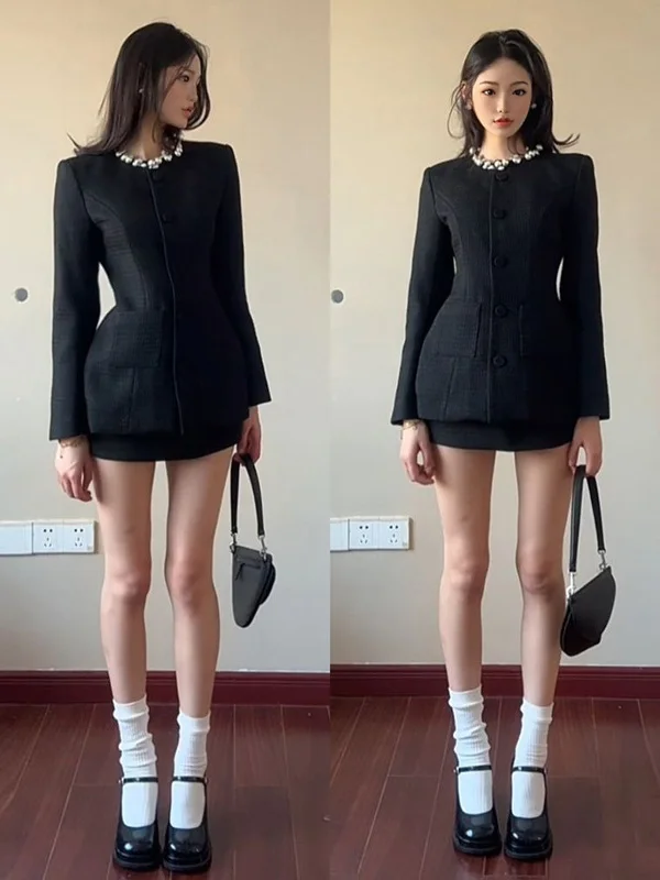 

Korean High-End Style Black Outerwear And Skirt Set Waist-Cinching -Inspired Two-Piece Ensemble for Young Women