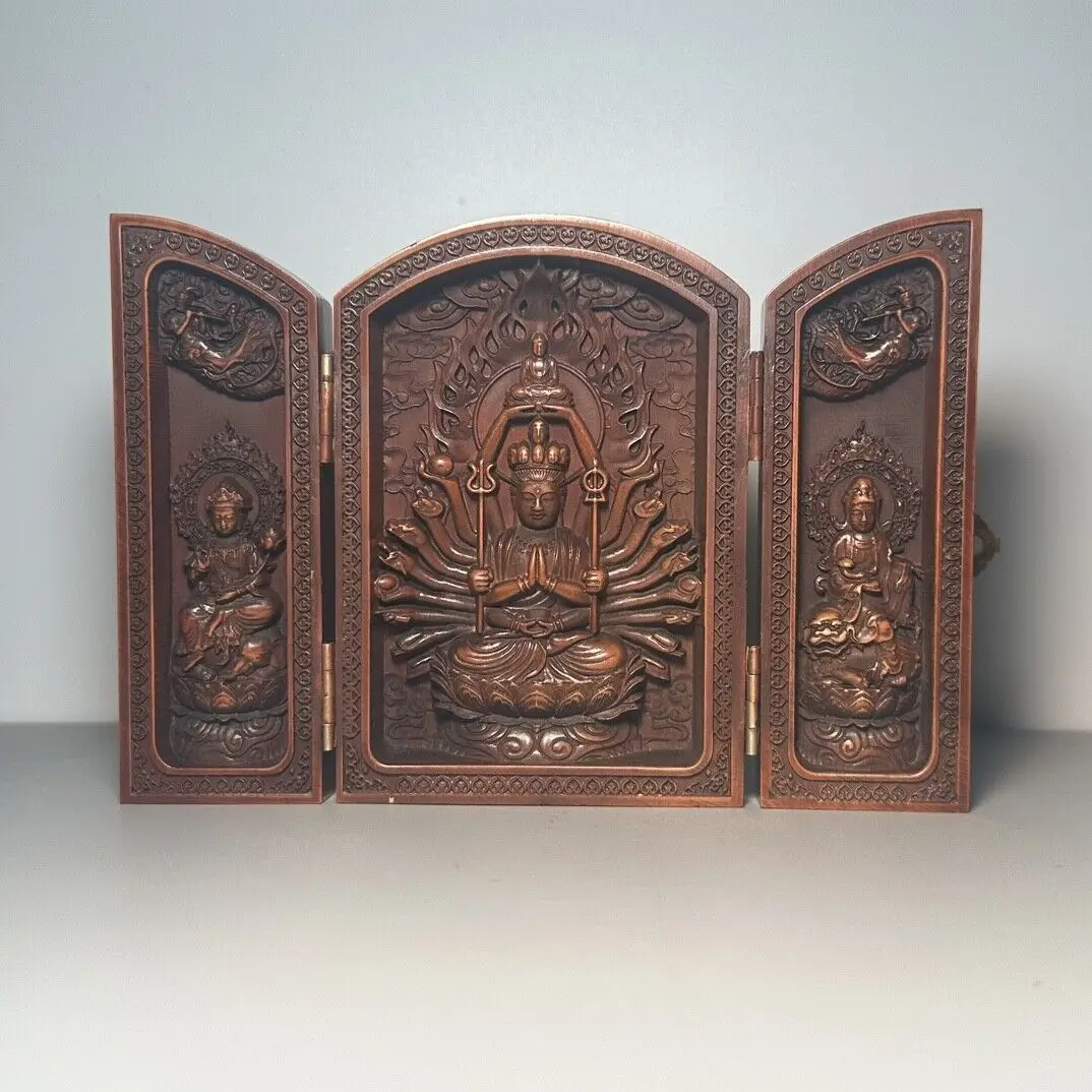 4.1"Chinese Box-wood Carved Buddhism 1000 Arm Guanyin Kwan-yin Three Opening Box