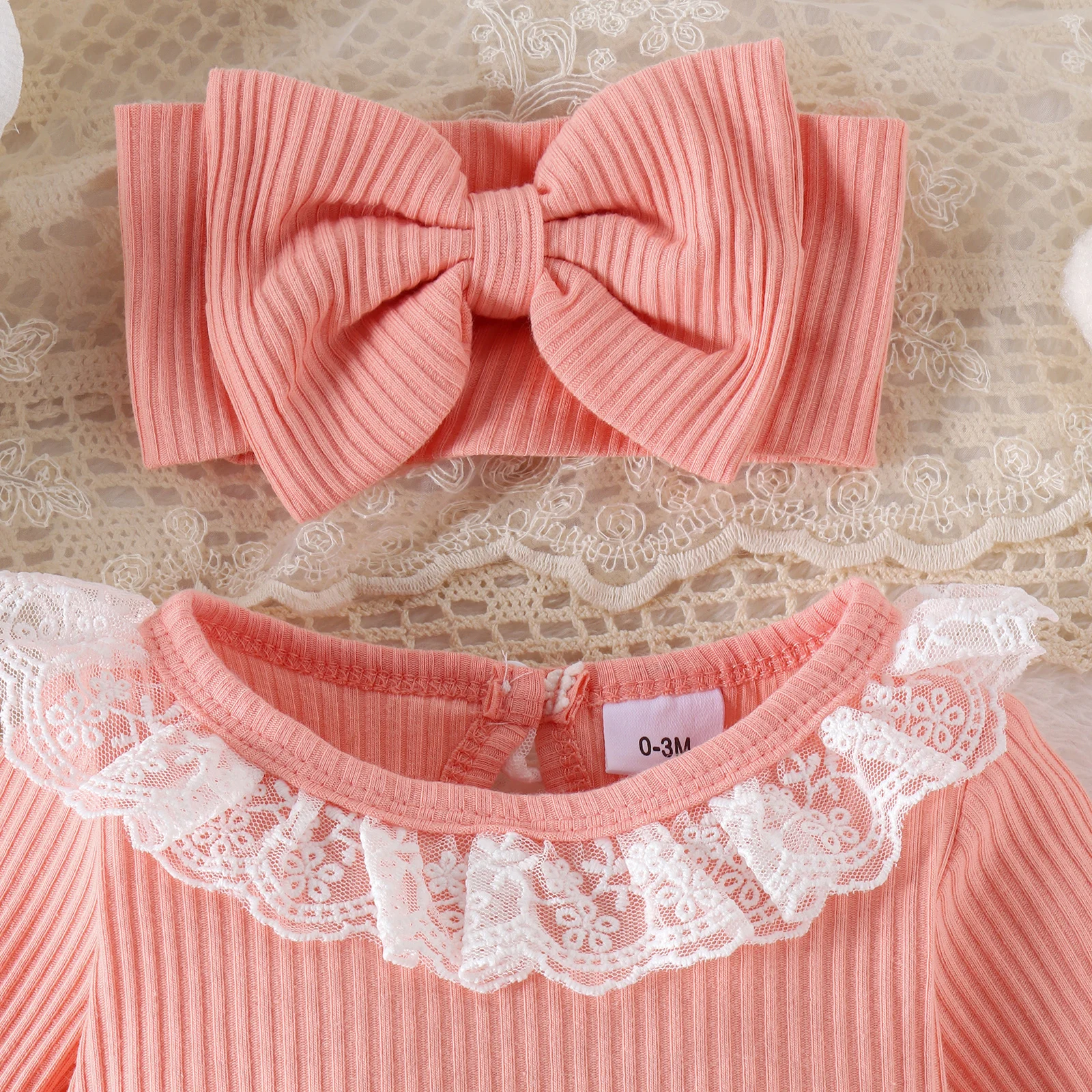 2PCS Autumn New Style For 0-1 Year Old Girls, Comfortable Sweet And Lovely Lace Collar, Long-Sleeved Dress + Hair Band