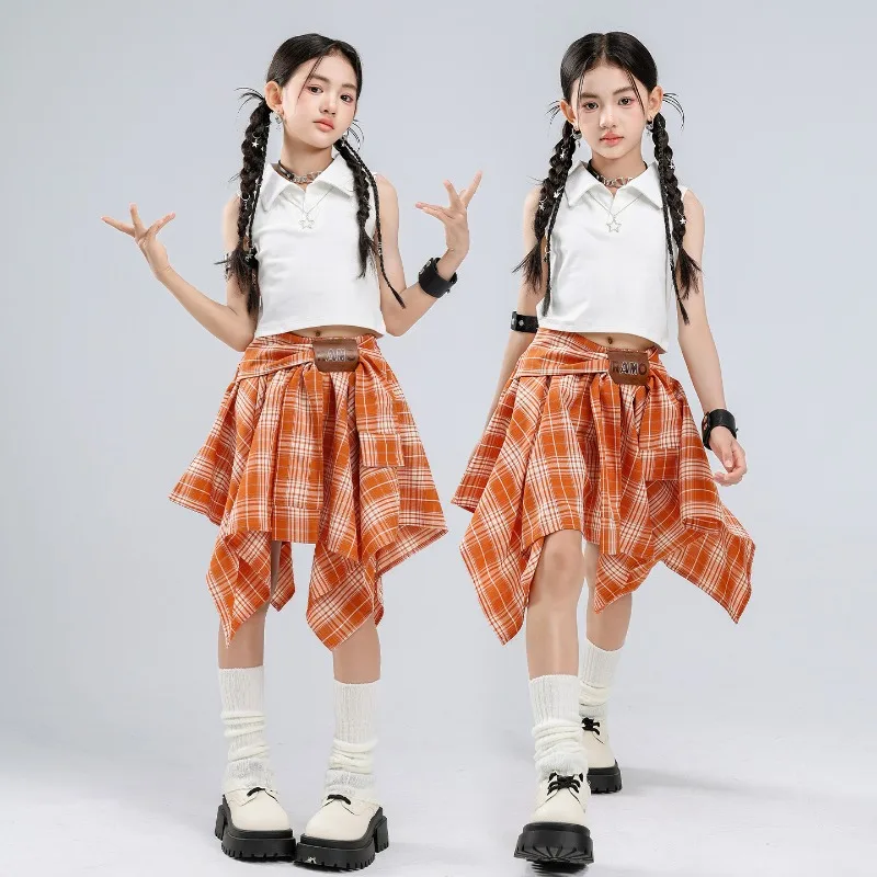 Kids Girls Cool Hip Hop Dance Suit White Cropped Top Plaid Skirt 2Pcs Streetwear Jazz Stage Wear Group Competition Street Dance
