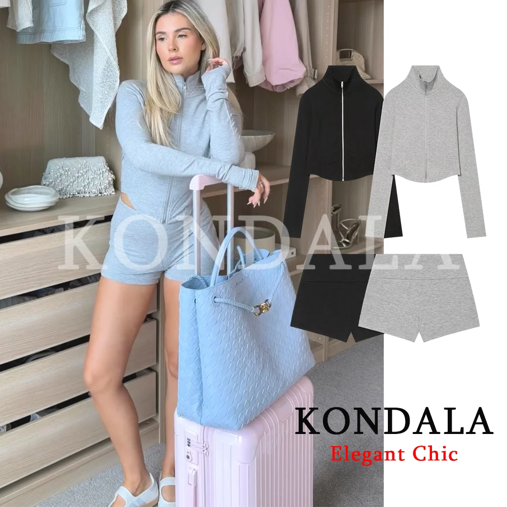 

KONDALA Women Trendy Holiday Shorts Set Zipper Stand Collar Jacket Elastic Waist Shorts New Fashion 2026 Spring Summer Basic Set