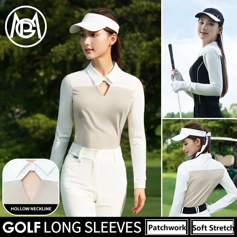 

PGM 2025 Golf Sports Polo Shirts Ladies Hollow Out Neck Slim T-shirt Long Sleeve Windproof Golf Wear Women Patchwork Golf Tops