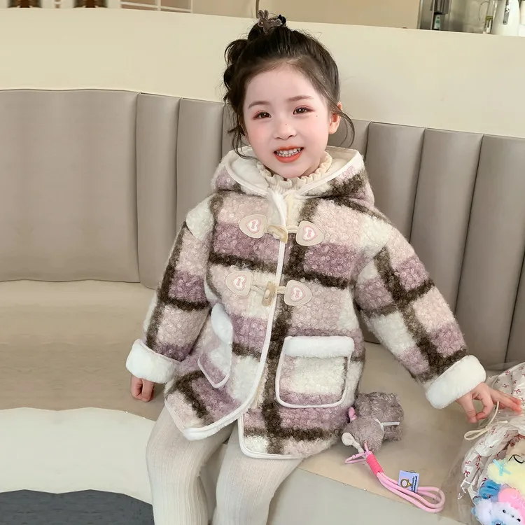 

Girls' Warm Plaid Fleece Coat, 2025 Autumn And Winter Thickened Fleece Jacket, Hooded with Cute Warm & Stylish Kids' Outerwear