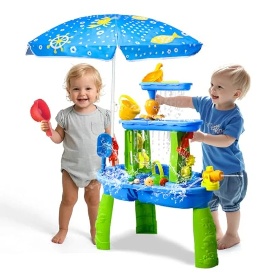 

Outdoor water table for toddlers 1-5 years bright blue plastic with umbrella durable and easy-clean design