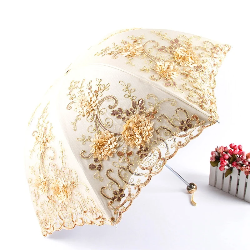 Lace UV Sun Parasol Folding 3D Flower Embroidery Umbrella Outdoor Parasol Summer Wedding Flower Umbrella E