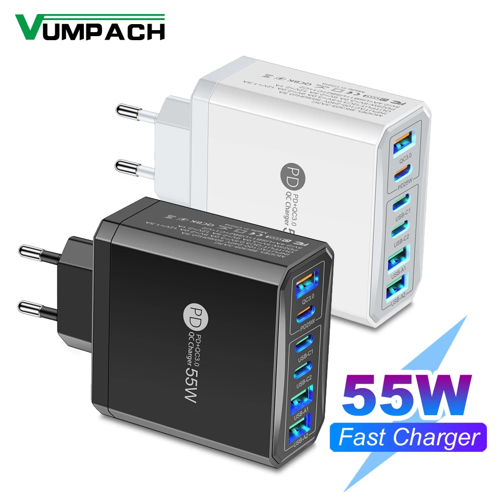 55W 3 Ports USB 3 PD Charger Charging Adapter For Xiaomi iPhone 16 14 13 Samsung Mobile Phone Plug Charging QC 3.0 Wall Charger