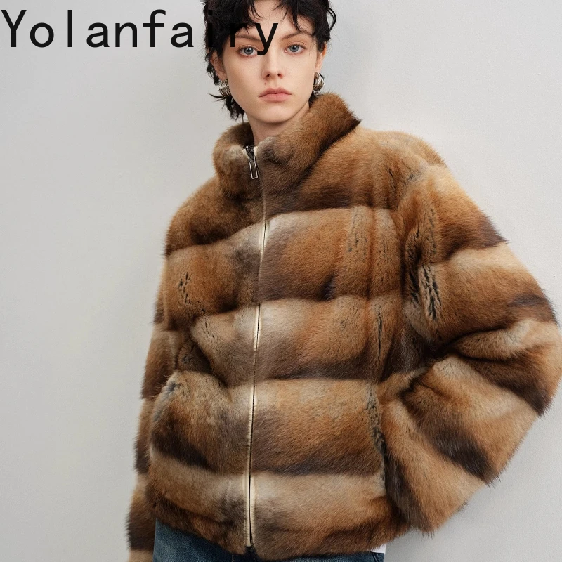 

YOLANFAIRY зимнее норковое пальто на молнии с обеих сторон можно носить в стиле ретро оригинального цвета Короткое норковое пальто женская дубленка женская 2025