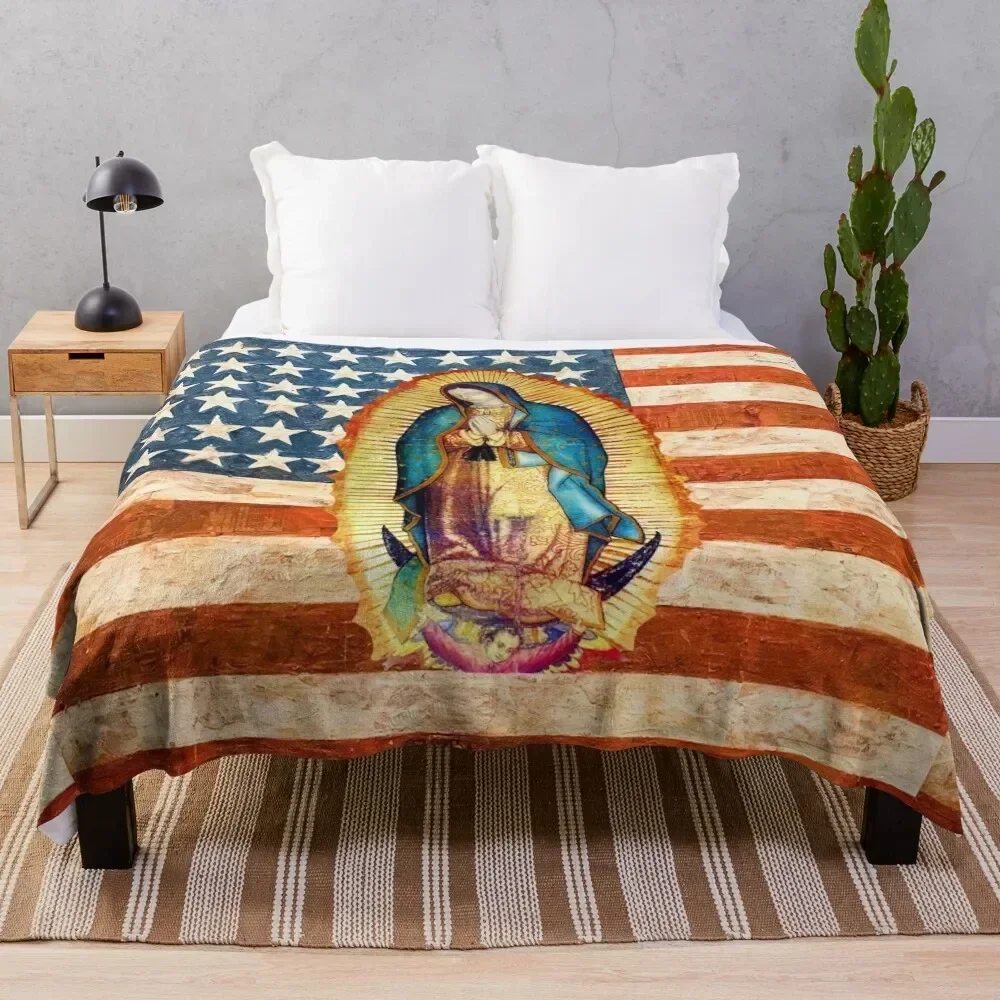 Our Lady of Guadalupe Mexican Virgin Mary USA United States Flag Mexico Catholic Throw Blanket