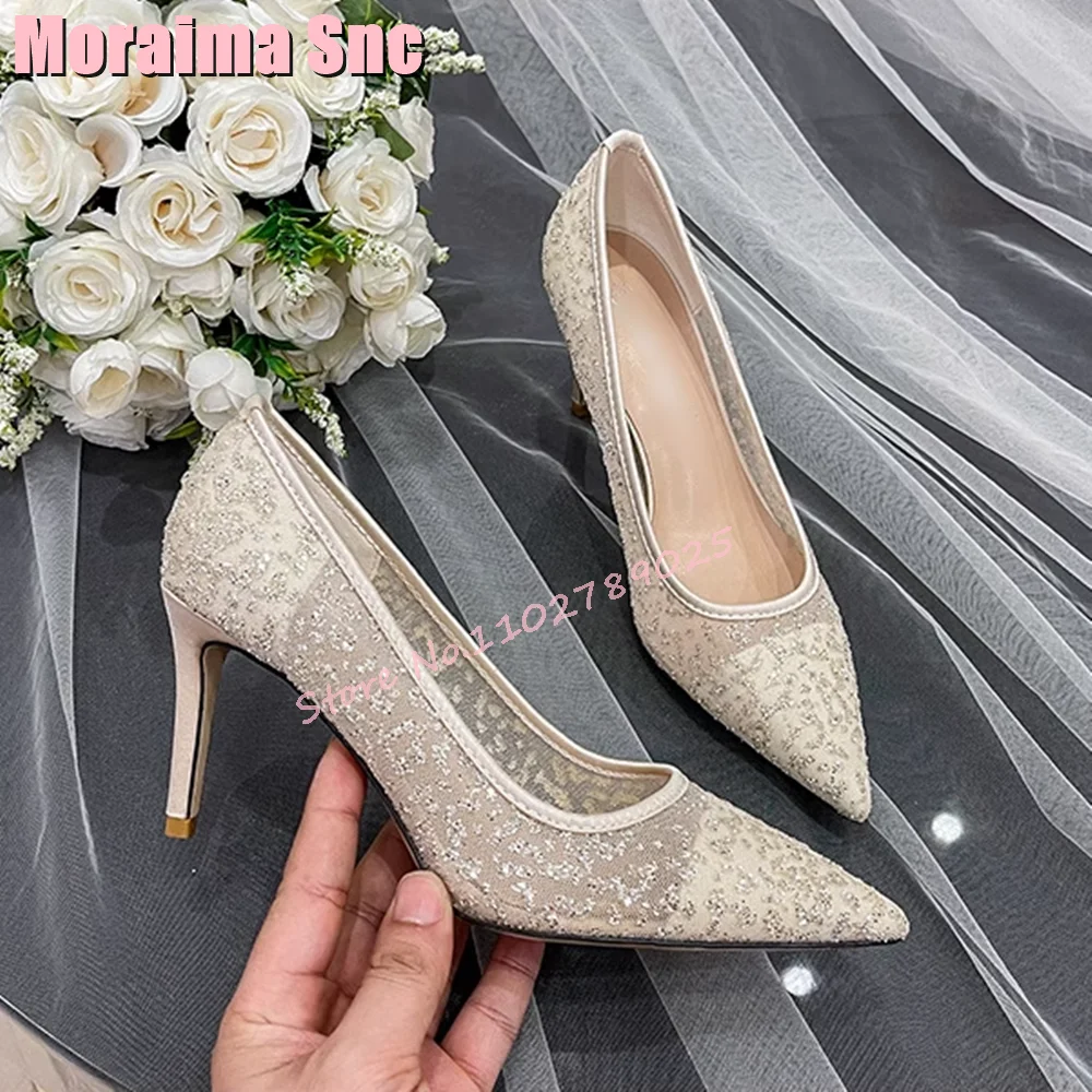 Bling Mesh Pointed Toe Shallow Pumps Sequined Stiletto High Heel Slip On Sexy Concise Women\'s Wedding Shoes White Solid 2024 New