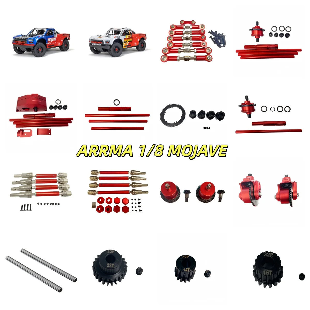 مناسبة لأجزاء ترقية Arrma 1/8 Mojave 4S: تفاضلية، عمود محرك مركزي، عمود محرك أقراص DVD، تروس، قضيب ربط، دبوس، ترس محرك 32P