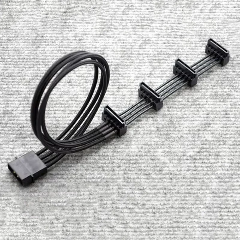 Wholesale 10pcs/Lot Free Shipping 45cm Black Sleeved 4Pin Molex to Right Angle 4X SATA Power Adapter Cable.