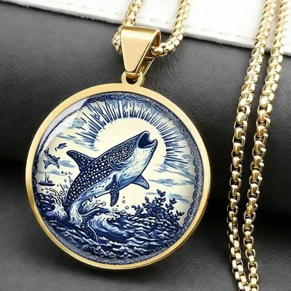 Blue And White Whale Shark Pendant Necklace, Stainless Steel, Vintage Ocean Art Design, Marine Lover Jewelry