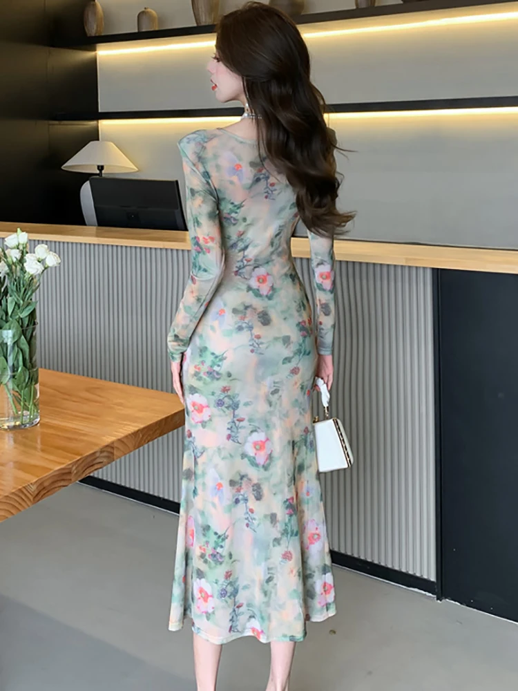 Women Floral V-Neck Luxury Dress with Long Sleeve Spring Autumn Elegant Bodycon Party Vestidos 2024 Korean Vintage Evening Dress