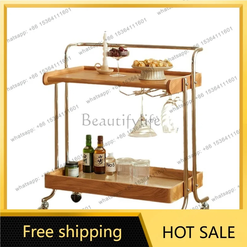 FG Nordic medieval trolley solid wood edge few living room mobile trolley Japanese cherry wood shelf