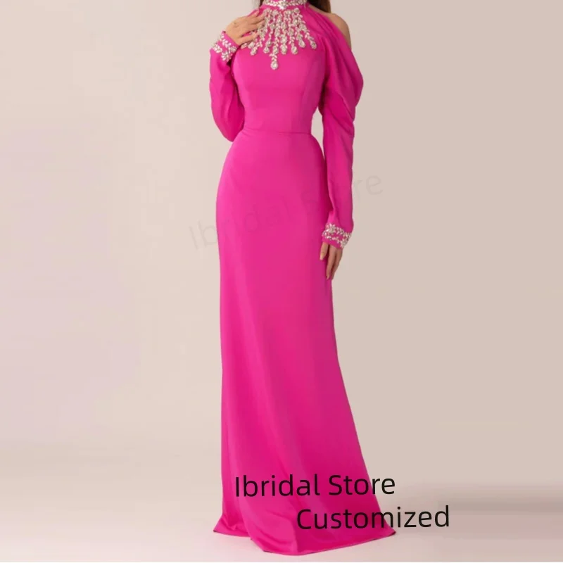 

Индивидуальные платья для выпускного вечера с высоким воротом и бусинами с открытыми плечами, итальянские атласные длинные рукава, роскошные вечерние платья, платья для торжественных случаев