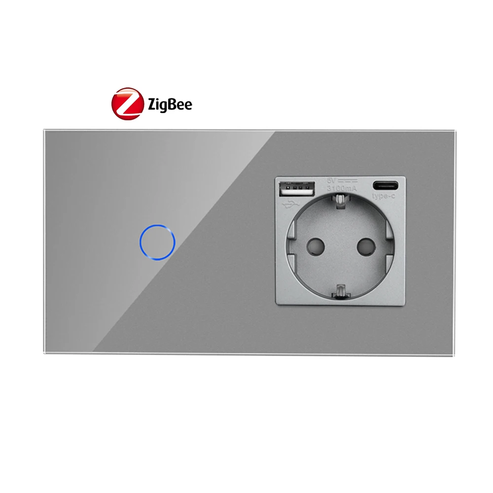 Bingoelec Smart Tuya 1/2/3/4gang Zigbee interruttore tattile a parete e normale presa USB TypeC Zigbee Thermostart Alexa pannello in vetro grigio