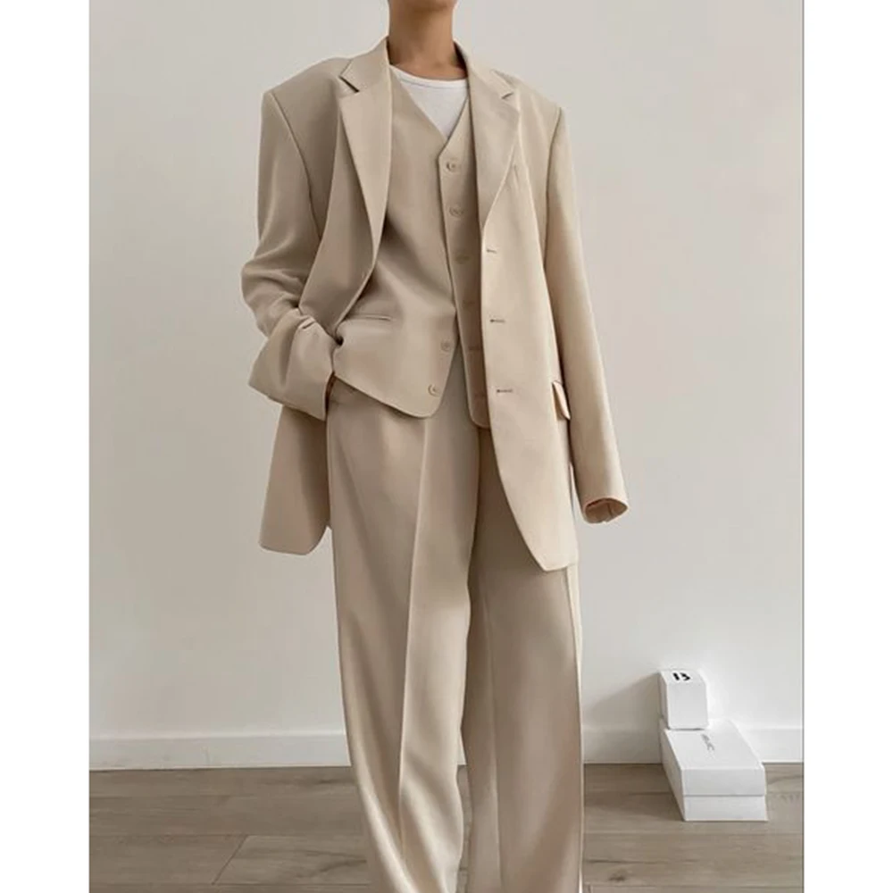Minimalist Relaxation Light Beige-Apricot Women Suit 3 Piece Jacket Pants Set Single-Breasted Notch Lapel Loose Female Office
