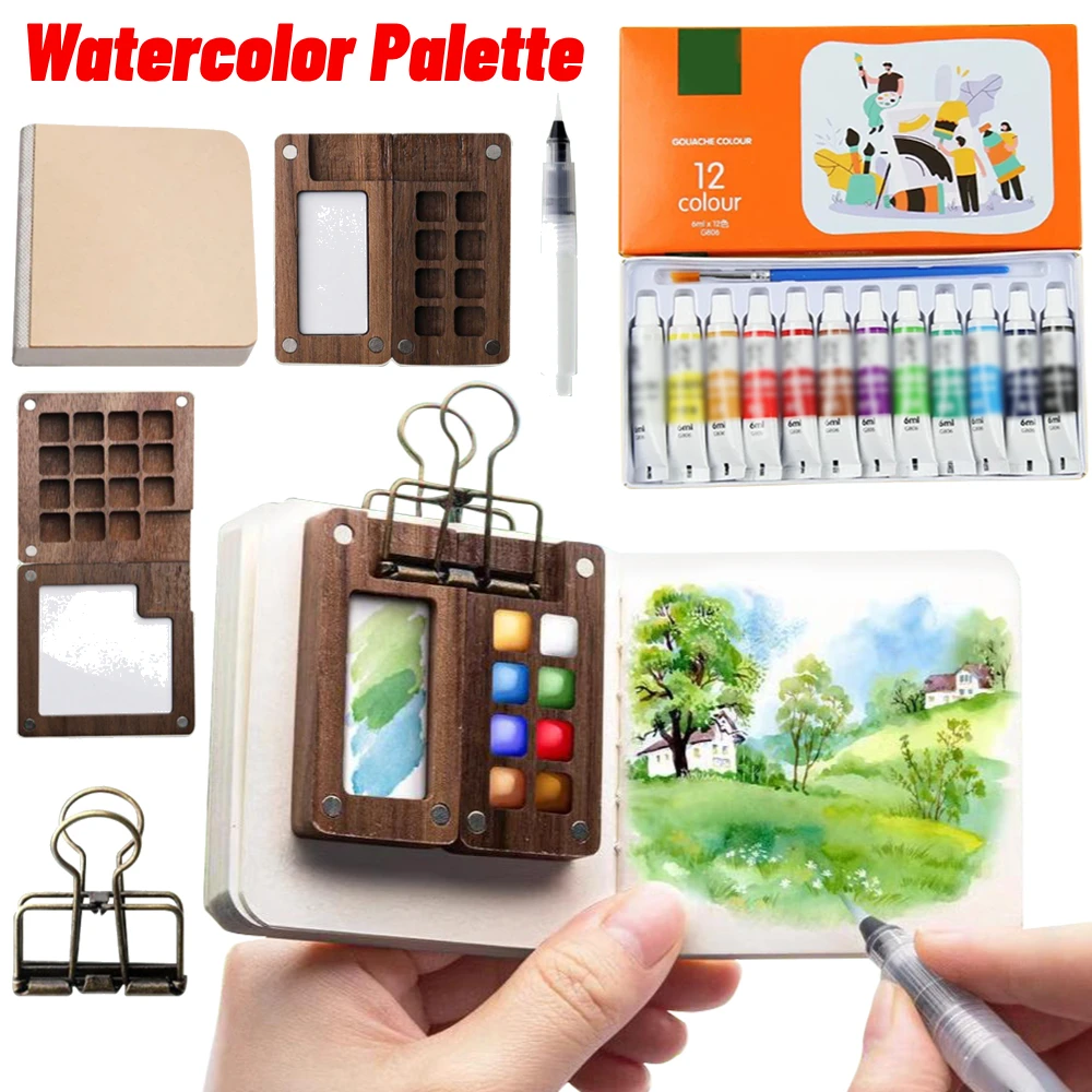 Multi Colors Wooden Grid Paint Box Pocket Artist Travel Paint Palette Mini Watercolor Palette Set for Painters Artists Students