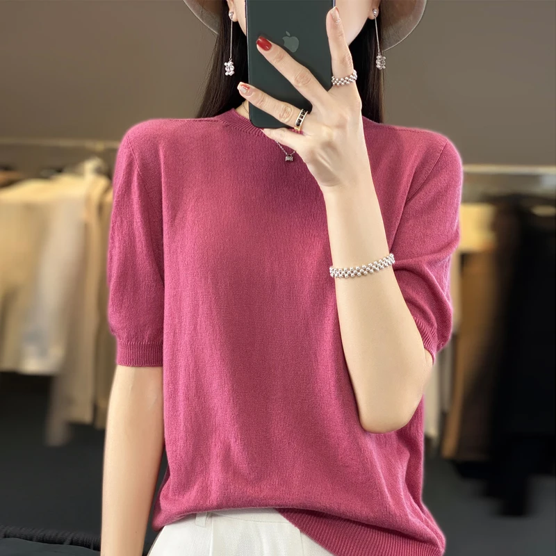 Summer O-Neck Cashmere Sweater Solid Color Half Sleeve women\'s Loose Cashmere Short Sleeve Top