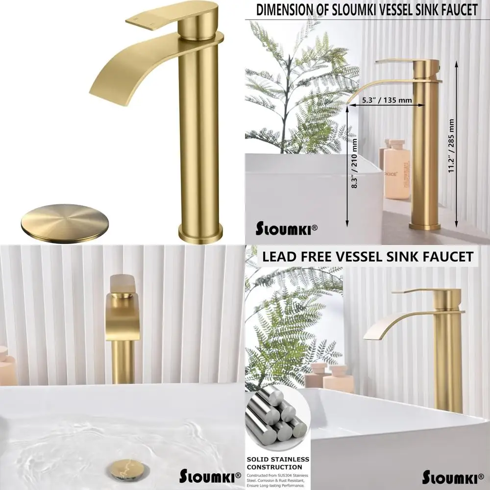 

Single Handle High-Arc Waterfall Basin Faucet in Brushed Gold Finish for Luxurious Bathroom Sinks