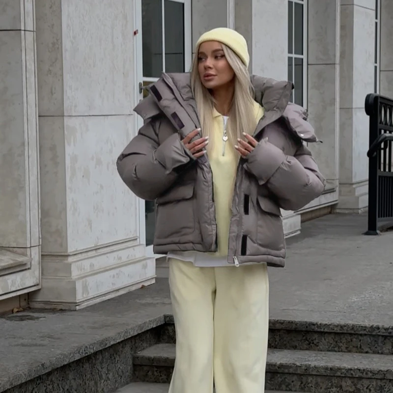 Kapuzenjacke mit Großen Taschen, Übergroße Gefütterte Jacken für Damen, Street-Style, Stehkragen, Lange Ärmel, Reißverschluss, Einfarbig, Lose Pufferjacken, Neue Oberbekleidung – Detail 4
