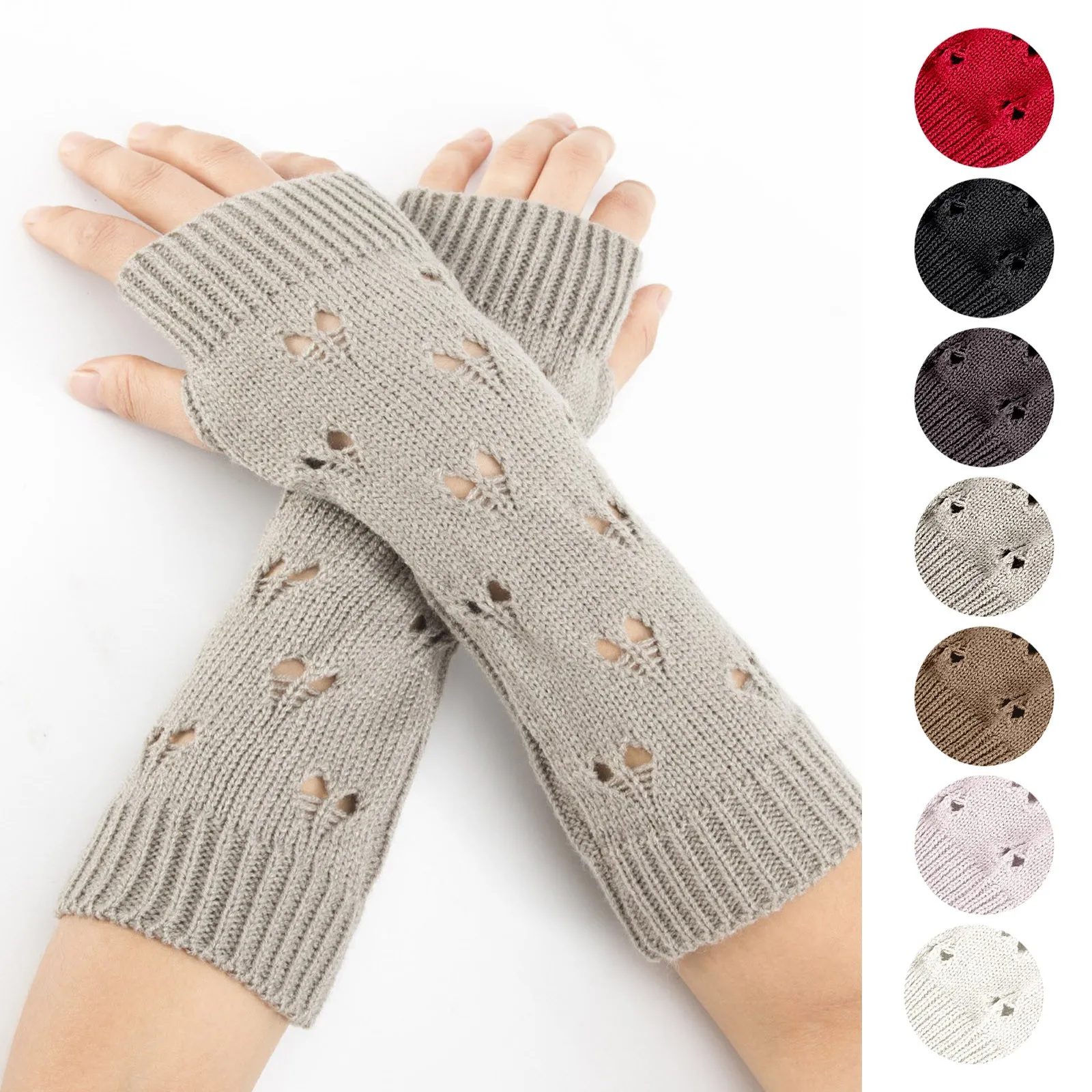 Women Knitted Gloves Stylish Hand Warmer Winter Gloves Women Arm Crochet Knitting Hollow Heart Mitten Warm Fingerless Gloves