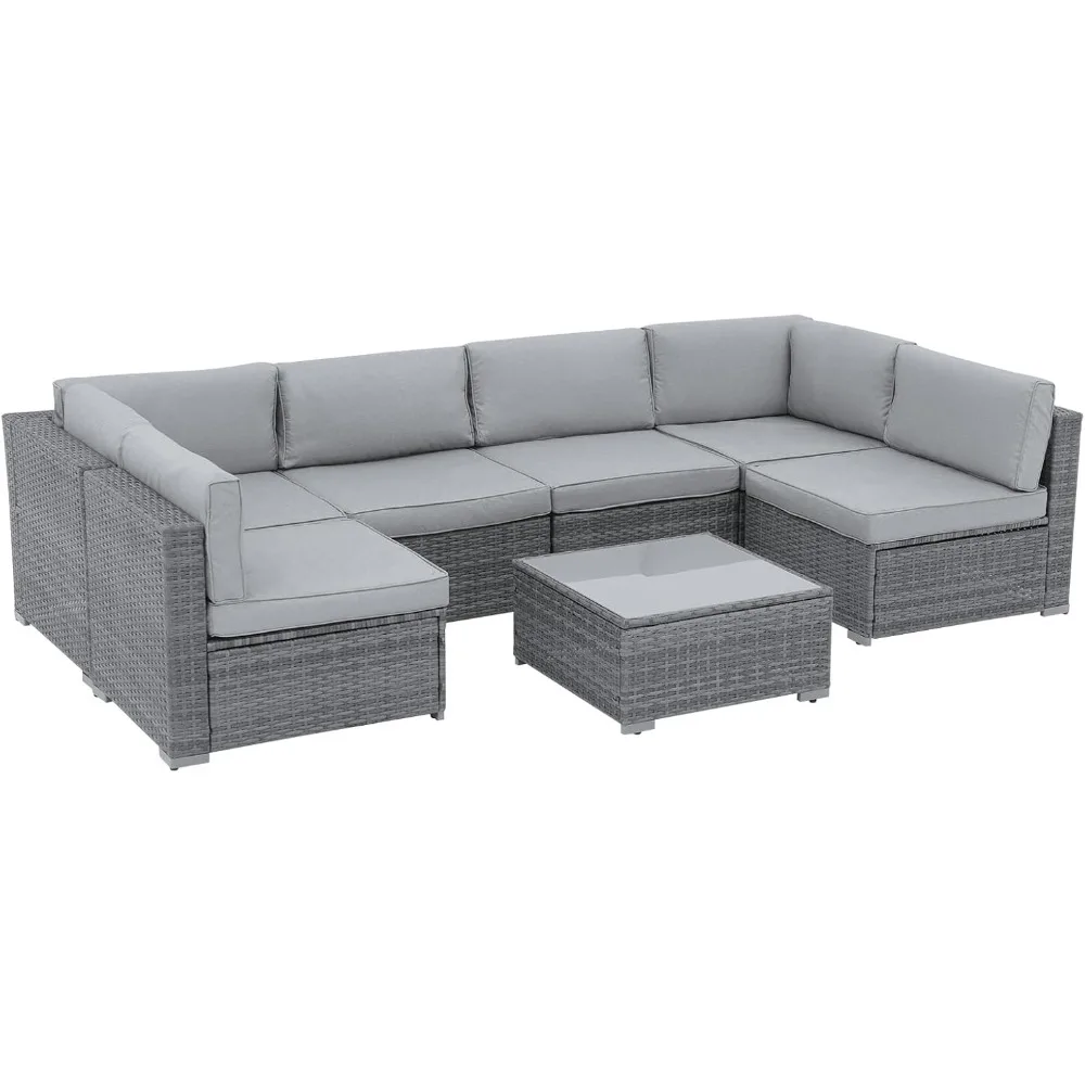مجموعة أثاث الفناء الخارجي مكونة من 7 قطع، مجموعة محادثة مقطعية من الخيزران باللون الرمادي لجميع الأحوال الجوية، حديقة الشرفة مع Bui #2