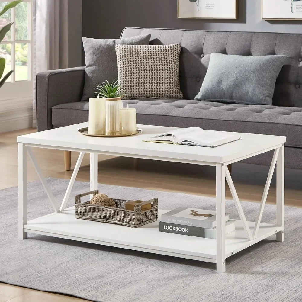 Rustic Coffee Table, Modern Living Room Table with Storage Shelf, White Oak