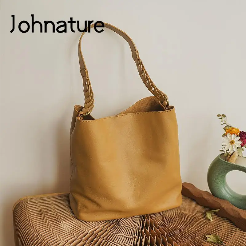 Johnature borsa tote da donna alla moda in vera pelle 2024 nuove borse a tracolla versatili semplici in vera pelle bovina morbida naturale tinta