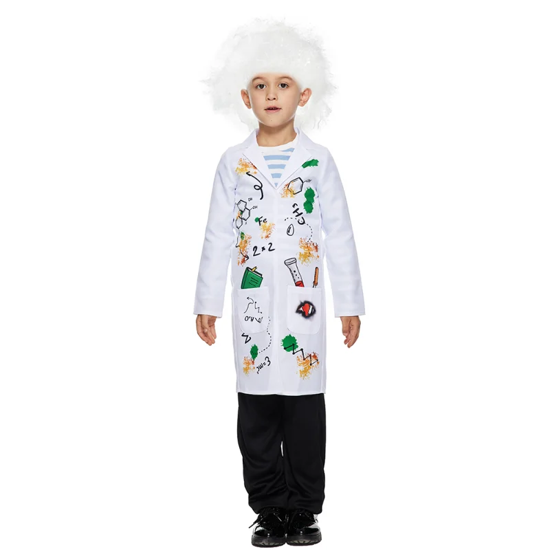 Kind Grappige Mad Wetenschapper Kostuum Halloween Kid Lab Cosplay Jas Met Pruik