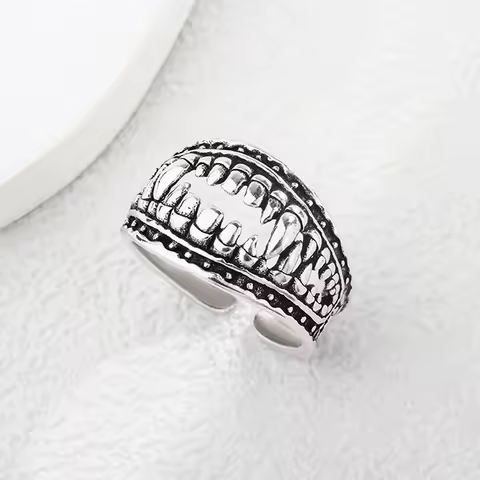 Exaggerated Demon's Teeth Retro Thai Silver Man Party Ring Jewelry For Men Halloween Gift No Fade Cheap