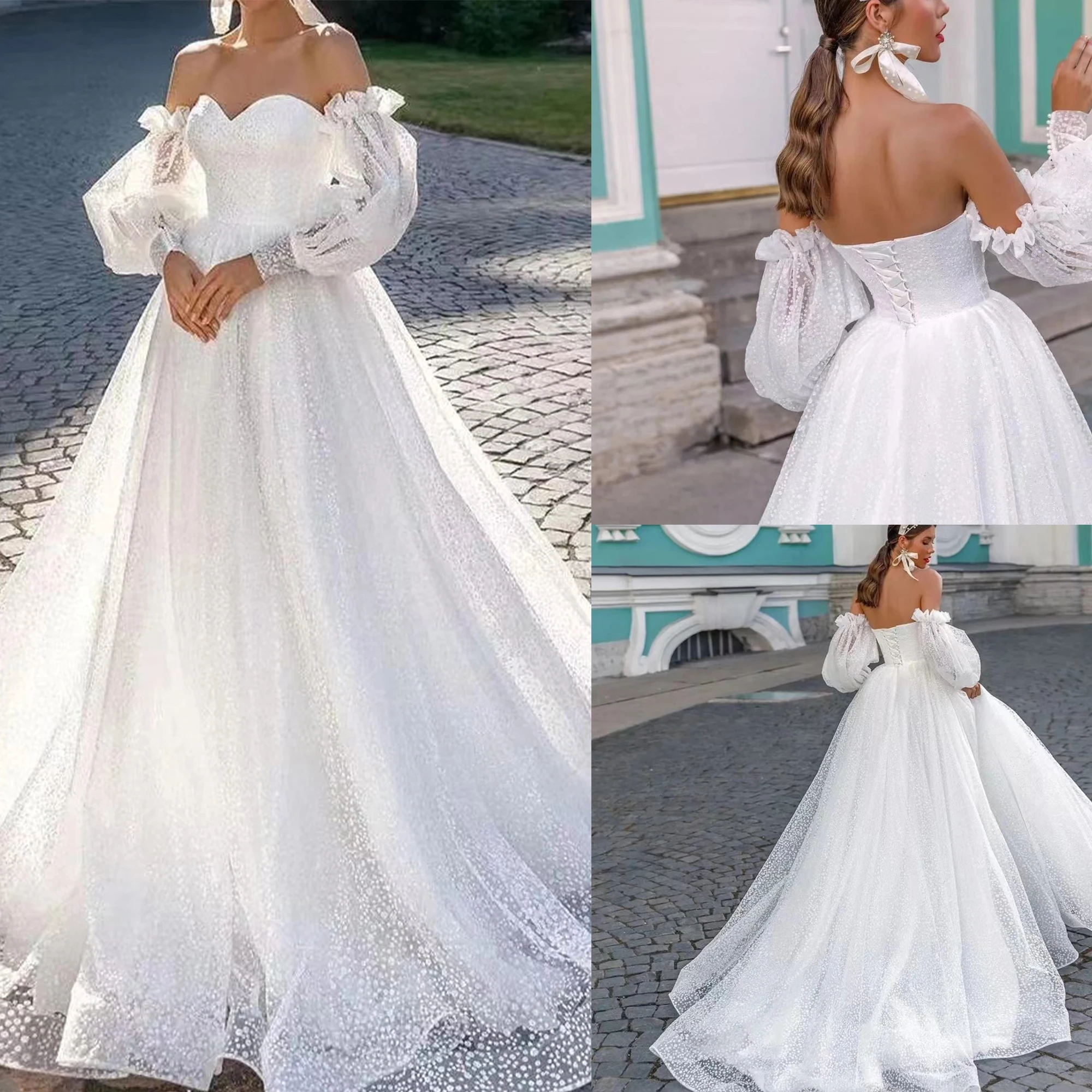 Elegant Wedding Dress Strapless Sweetheart Neck Bridal Gown Removable Sleeves Sweep Train Skirt In Stock