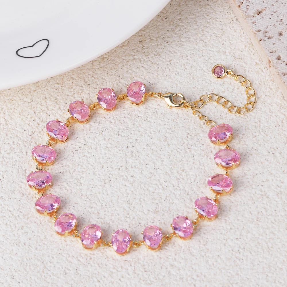 Unique Real Pink Cubic Zirconia Silver 18K Gold Plated Oval CZ Tennis Link Chain Bracelet for Women Chic Daily Party Wedding