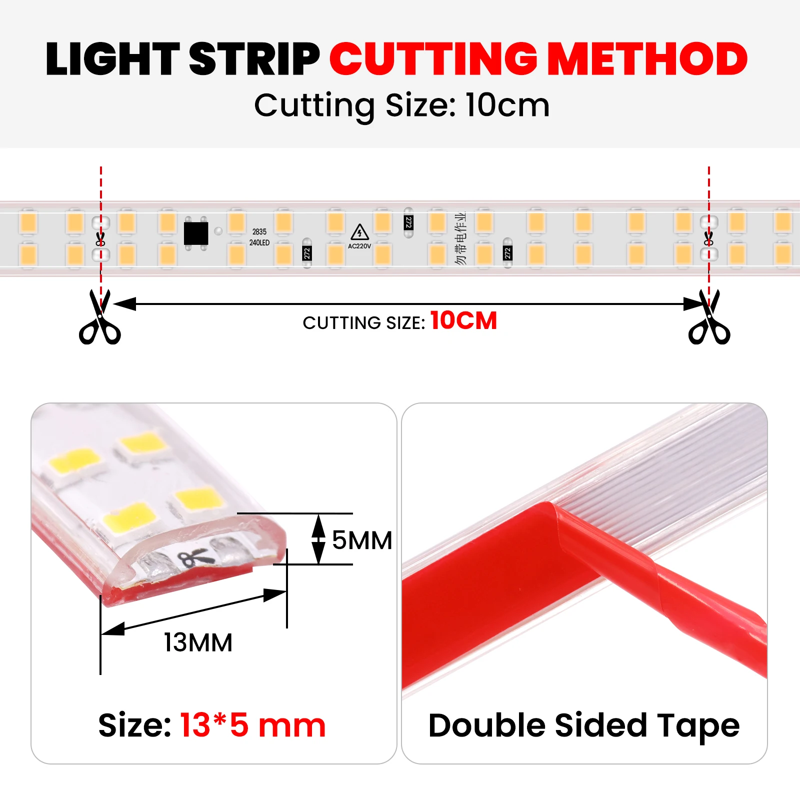0.5m-30m LED Strip with Plug 220V Double Row 2835 Adhesive LED Light Strip 240LEDs/m Flexible Cuttable Outdoor Courtyard Decor