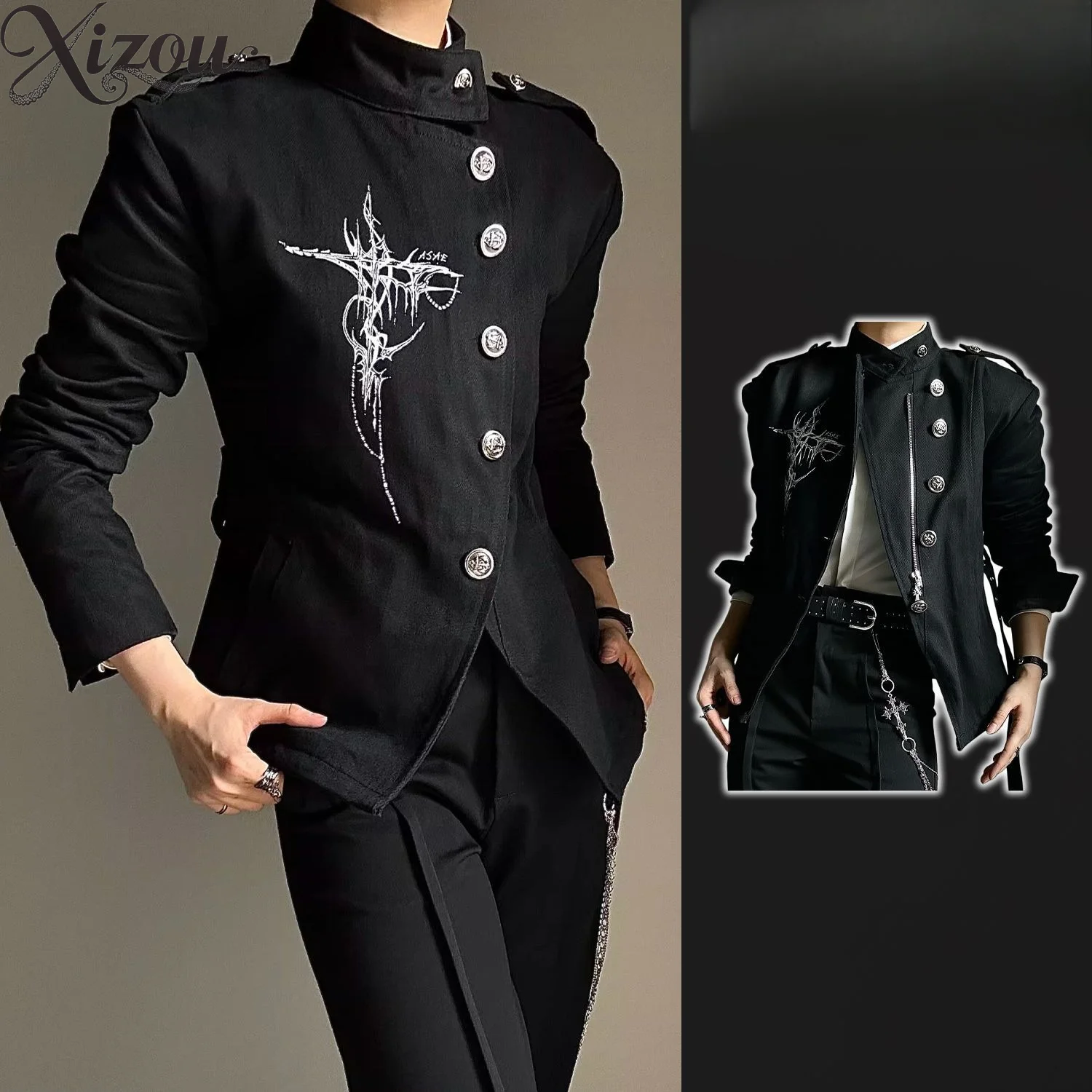Unisex Black Embroidery Biker Jacket Vintage Gothic Stand Collar Coat Strap Metal Button Slim Casual Outerwear Cool Casual 2026