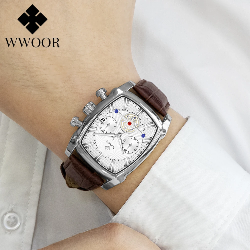 WWOOR Sports Chronograph Watch For Men Luxury Military Calendar Quartz Man\'s Watches Leather Waterproof Male Clock Reloj Hombre