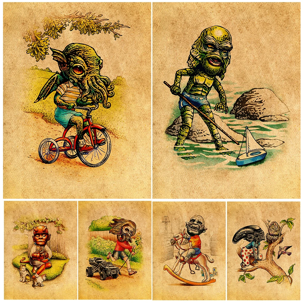 

Little Cthuhlu And Demon,Vintage Wall Art Canvas Painting,Surreal Fantasy Creature Art,Poster And Print,Home Decoration Unframed