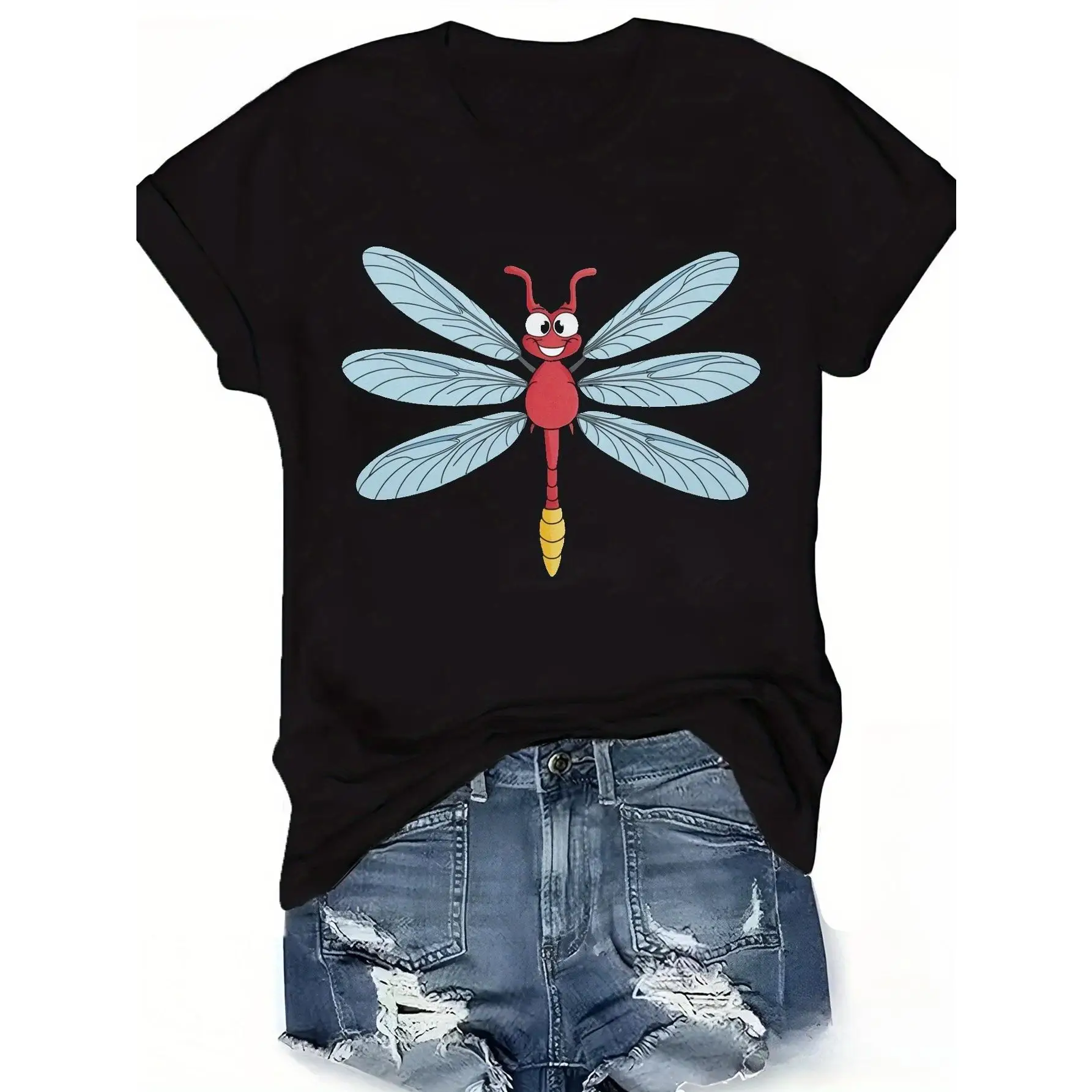 

Women's Cartoon Dragonfly Graphic T-shirt, Cute Kawaii Insect Print Top, Funny Summer Outdoor Casual Tee