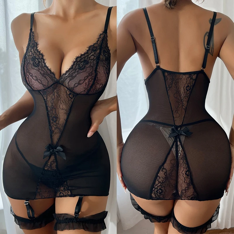 Women Sexy Lingerie Lace Babydolls Dress Lace Perspective Pajamas Set Erotic Nightdress With Garters Mesh Pajama Sets